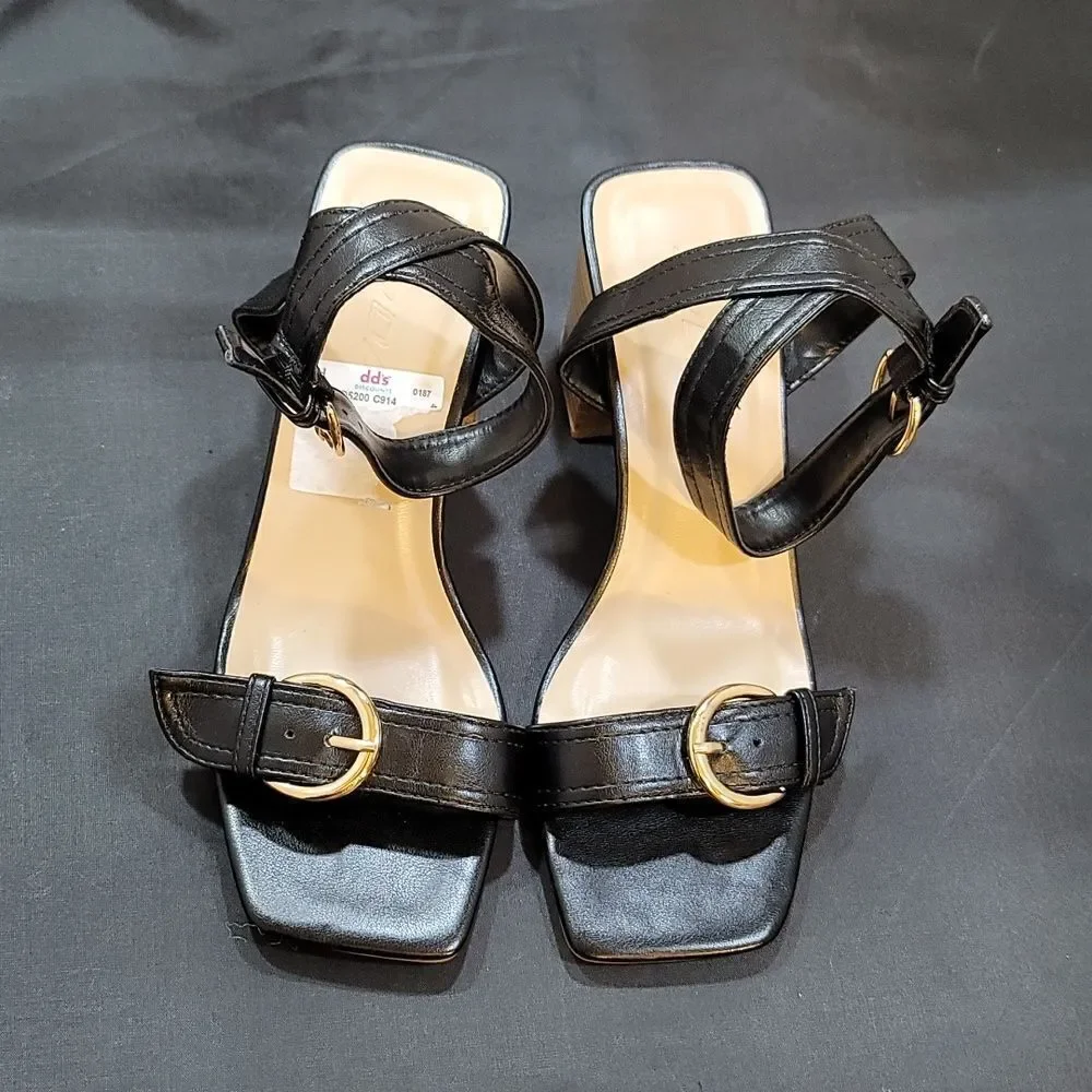 NEW SODA Square Open Toe Metal Buckle Sandals Satacked Low Heel SANDAL